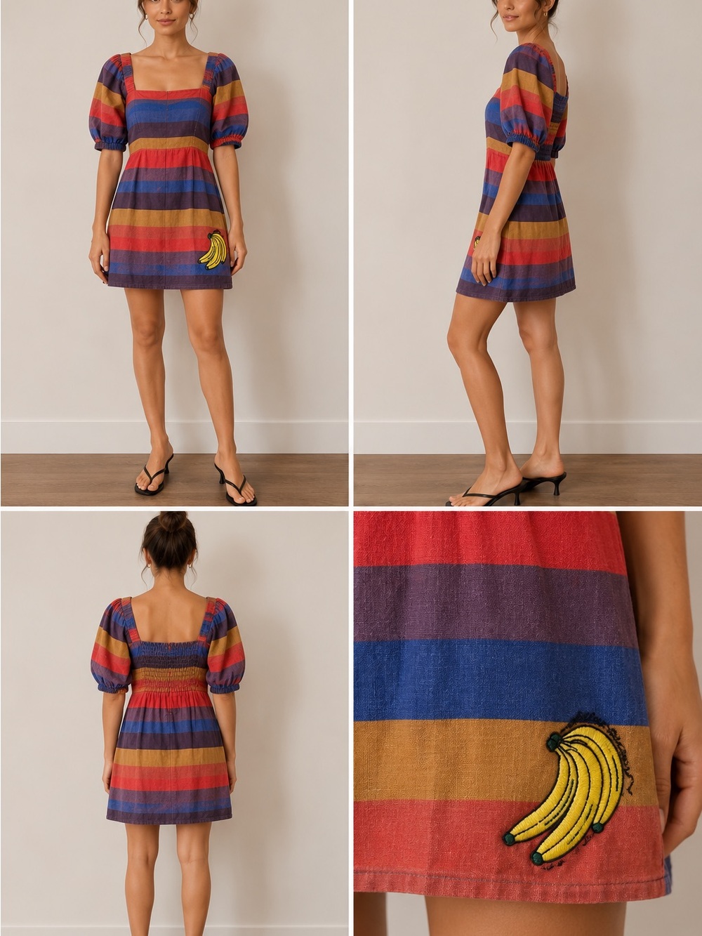 FARM Rio Multi-Stripe Square Neck Puff-Sleeve Dress